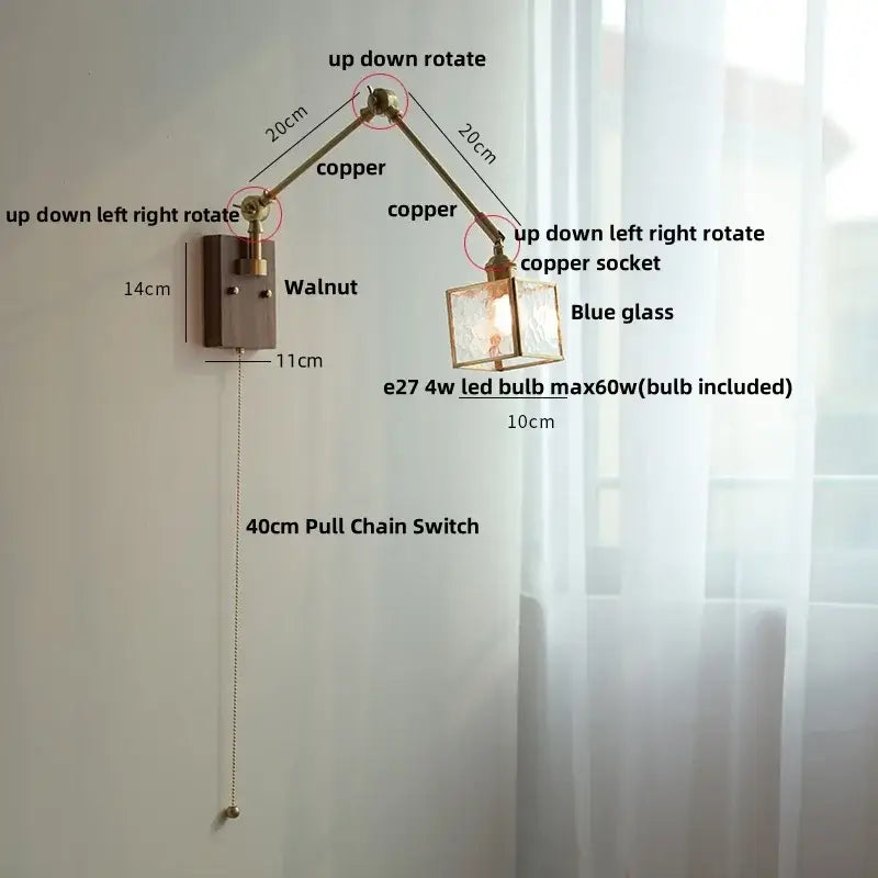 DecorBites™ Ash Wood LED Swing Arm Wall Light with Pull Chain Switch & Blue Glass