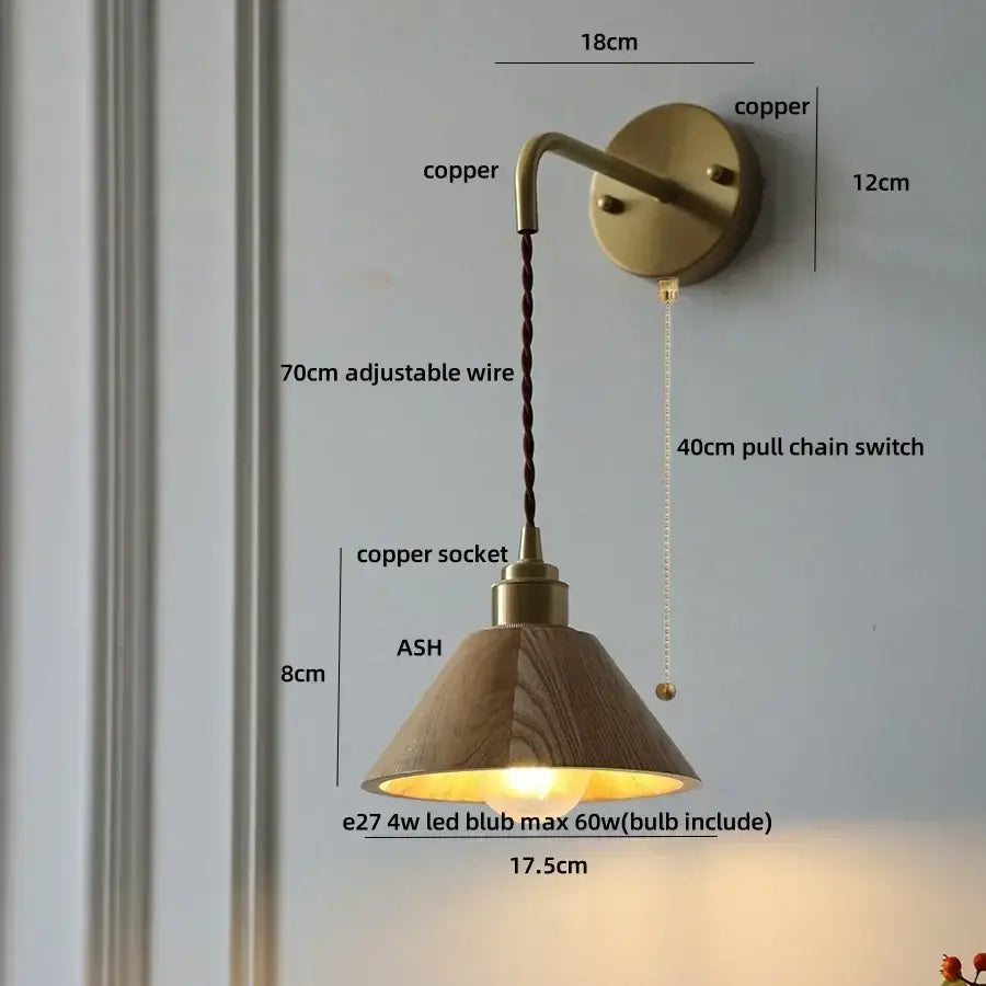 DecorBites™ Ash Wood LED Wall Lamp with Pull Chain Switch for Home Decor