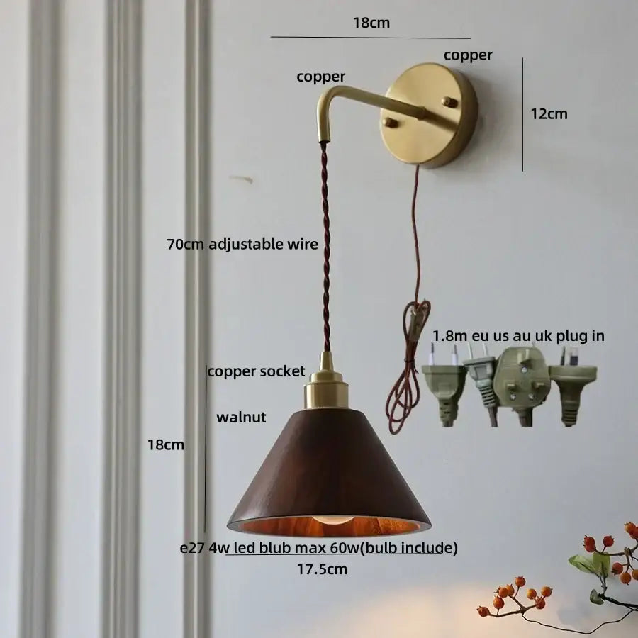 DecorBites™ Ash Wood LED Wall Lamp with Pull Chain Switch for Home Decor
