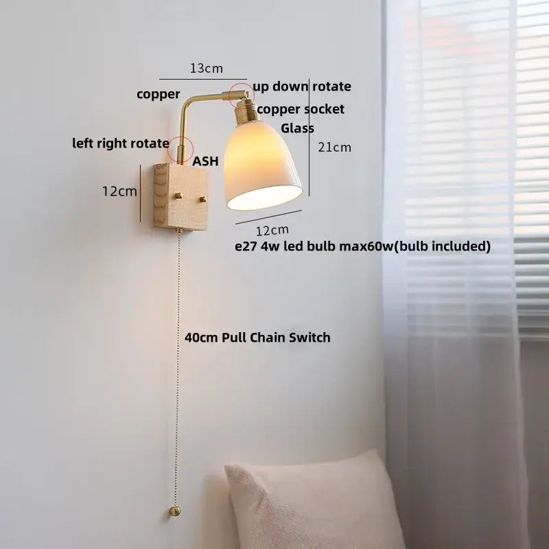 DecorBites™ Ash Wood LED Wall Light Fixture with Pull Chain Switch, Modern Nordic Design