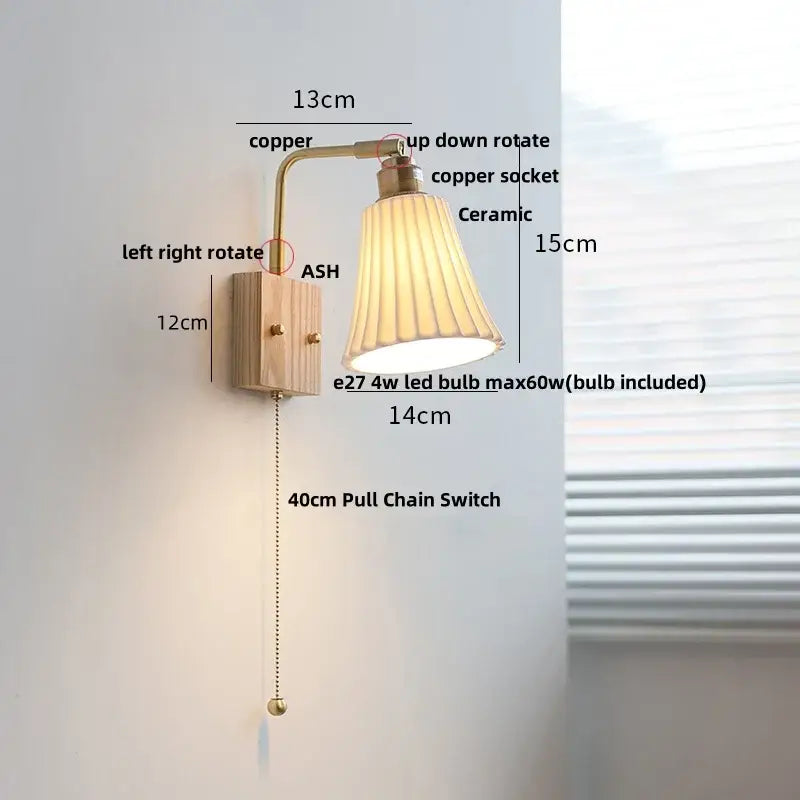 DecorBites™ Ash Wood LED Wall Light Fixture with Pull Chain Switch, Modern Nordic Design