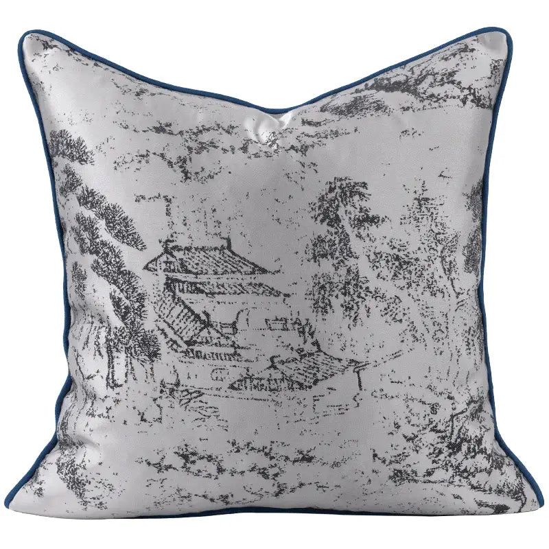 DecorBites™ Asian Landscape Painting Jacquard Square Pillow Cover 45x45cm