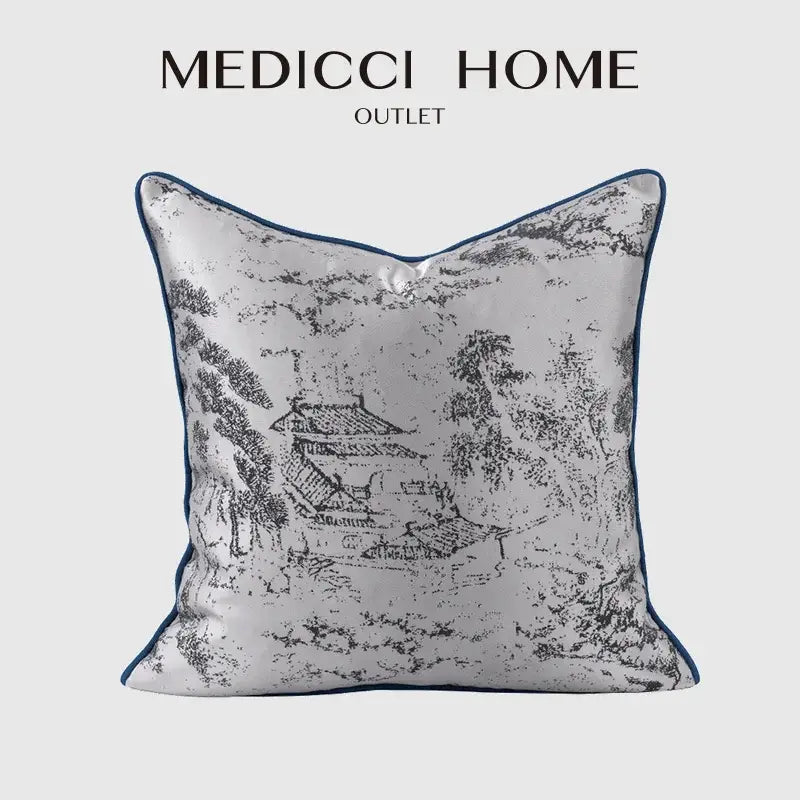DecorBites™ Asian Landscape Painting Jacquard Square Pillow Cover 45x45cm