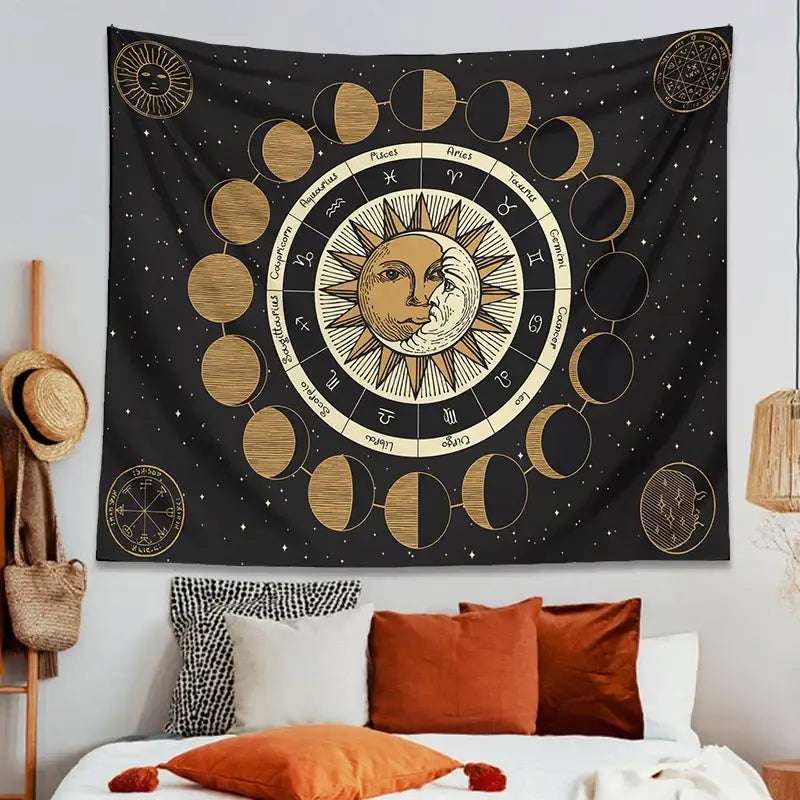 DecorBites™ Astrology Wheel Tapestry Moon Phase Sun and Moon Starry Sky Home Decor