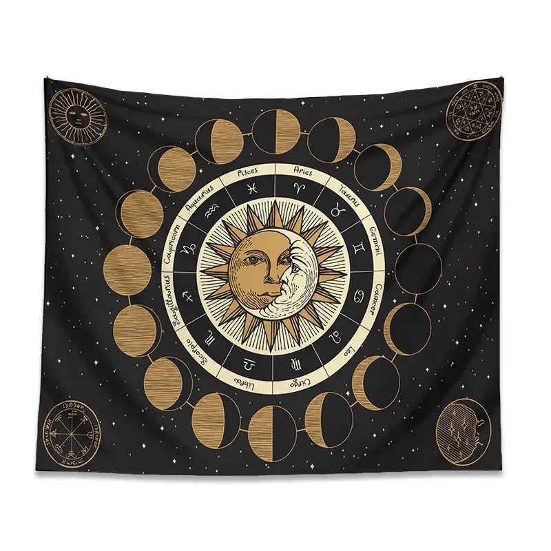 DecorBites™ Astrology Wheel Tapestry Moon Phase Sun and Moon Starry Sky Home Decor