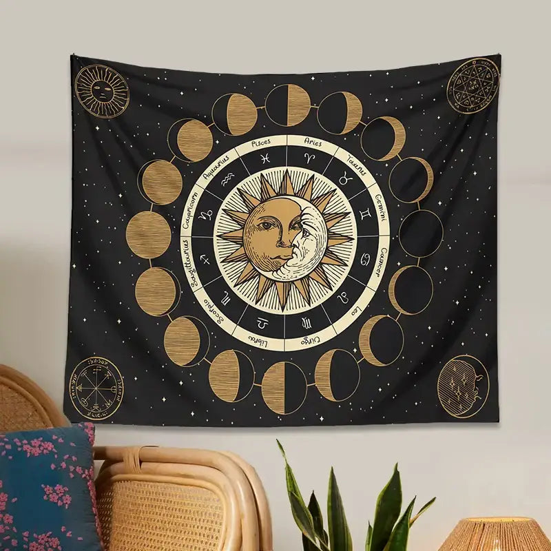 DecorBites™ Astrology Wheel Tapestry Moon Phase Sun and Moon Starry Sky Home Decor