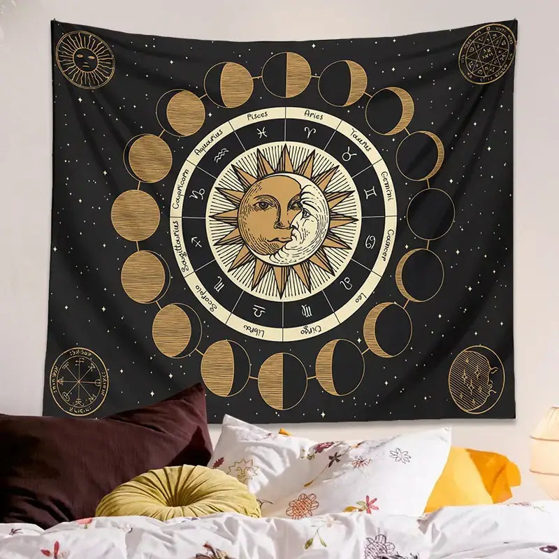 DecorBites™ Astrology Wheel Tapestry Moon Phase Sun and Moon Starry Sky Home Decor