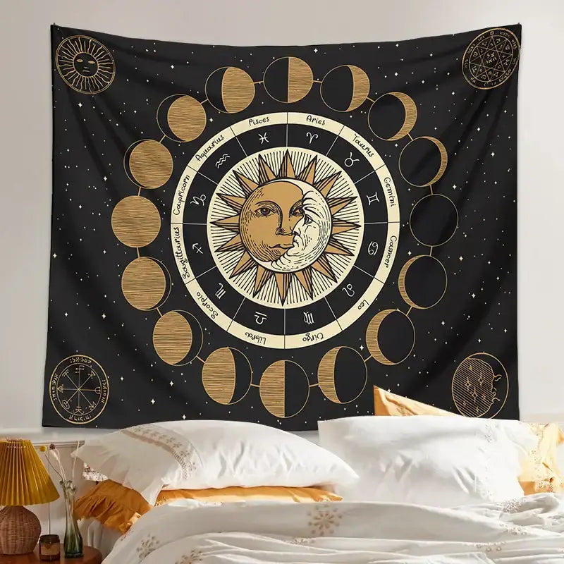 DecorBites™ Astrology Wheel Tapestry Moon Phase Sun and Moon Starry Sky Home Decor