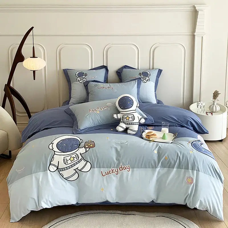 DecorBites™ Astronaut Cartoon Embroidery Boys Bedding Set, 100% Cotton, Single Duvet Cover, Bed Sheet, Pillowcases