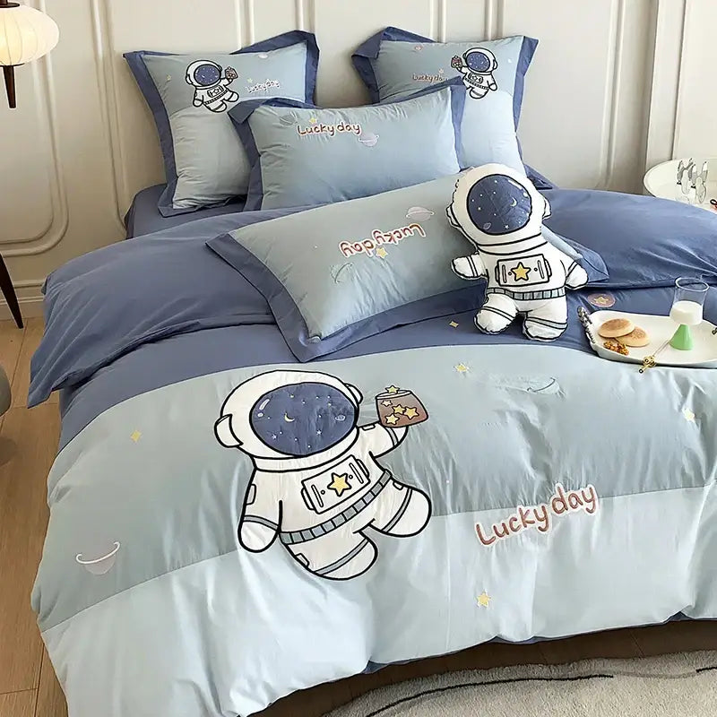 DecorBites™ Astronaut Cartoon Embroidery Boys Bedding Set, 100% Cotton, Single Duvet Cover, Bed Sheet, Pillowcases