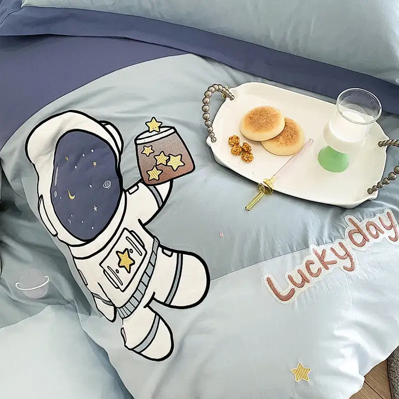 DecorBites™ Astronaut Cartoon Embroidery Boys Bedding Set, 100% Cotton, Single Duvet Cover, Bed Sheet, Pillowcases