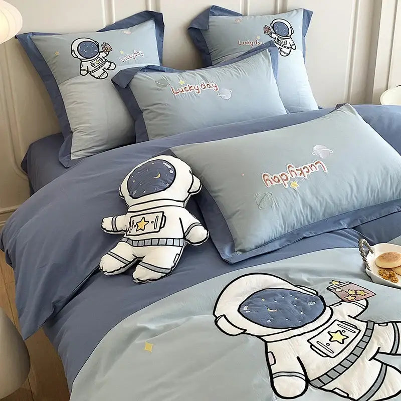 DecorBites™ Astronaut Cartoon Embroidery Boys Bedding Set, 100% Cotton, Single Duvet Cover, Bed Sheet, Pillowcases