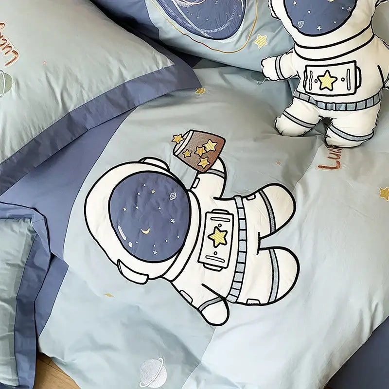 DecorBites™ Astronaut Cartoon Embroidery Boys Bedding Set, 100% Cotton, Single Duvet Cover, Bed Sheet, Pillowcases