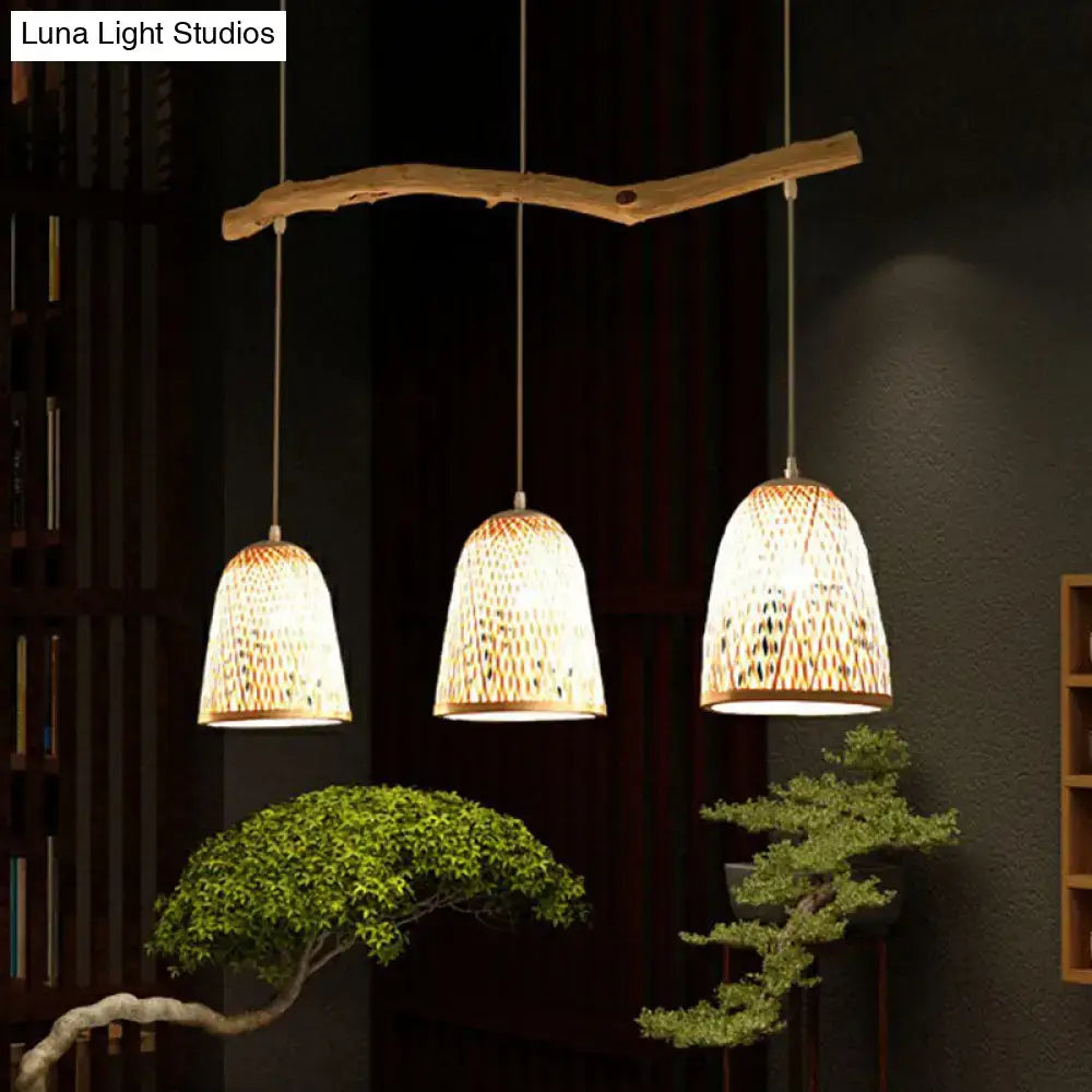 DecorBites™ Bamboo Bell Shade Pendant Light - South-east Asian Tea Room Island Lighting with 3 Heads - Wood Finish