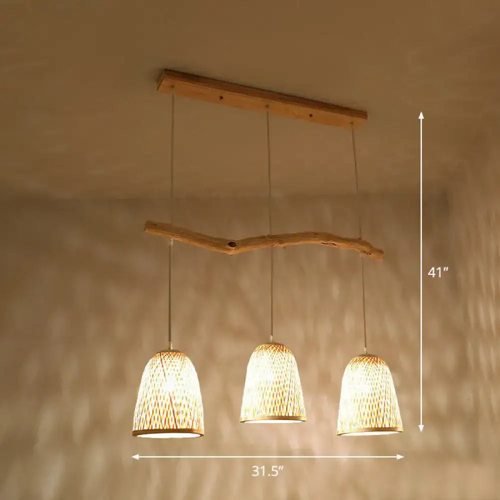 DecorBites™ Bamboo Bell Shade Pendant Light - South-east Asian Tea Room Island Lighting with 3 Heads - Wood Finish