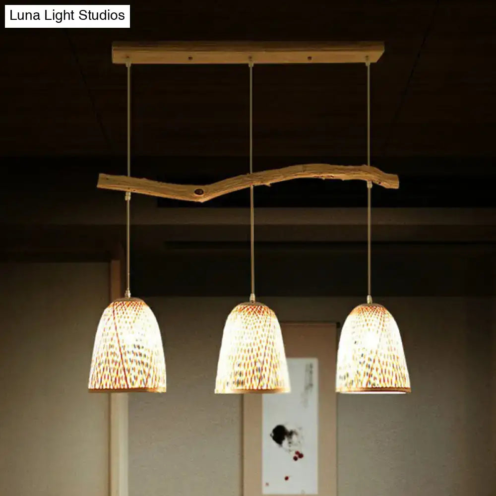 DecorBites™ Bamboo Bell Shade Pendant Light - South-east Asian Tea Room Island Lighting with 3 Heads - Wood Finish