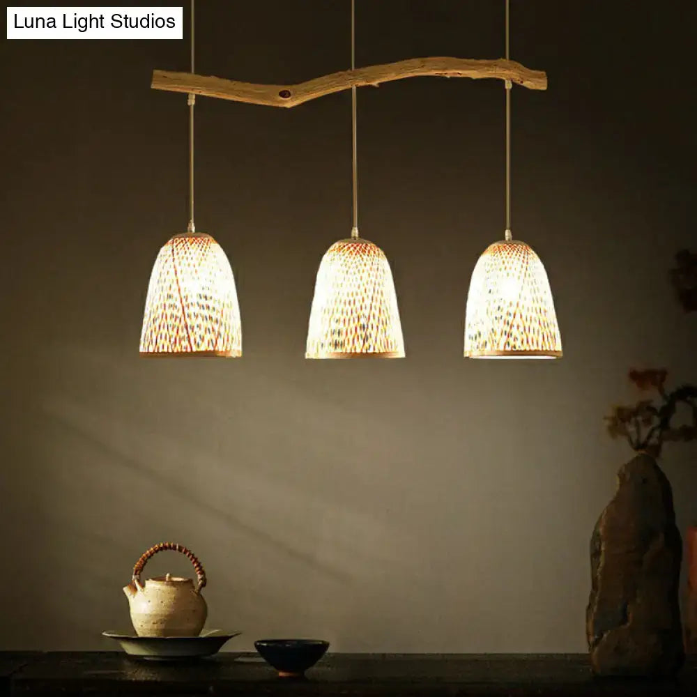 DecorBites™ Bamboo Bell Shade Pendant Light - South-east Asian Tea Room Island Lighting with 3 Heads - Wood Finish