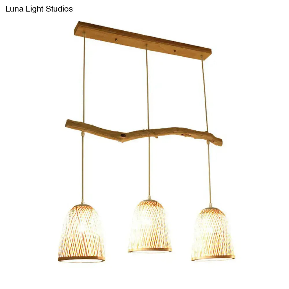 DecorBites™ Bamboo Bell Shade Pendant Light - South-east Asian Tea Room Island Lighting with 3 Heads - Wood Finish