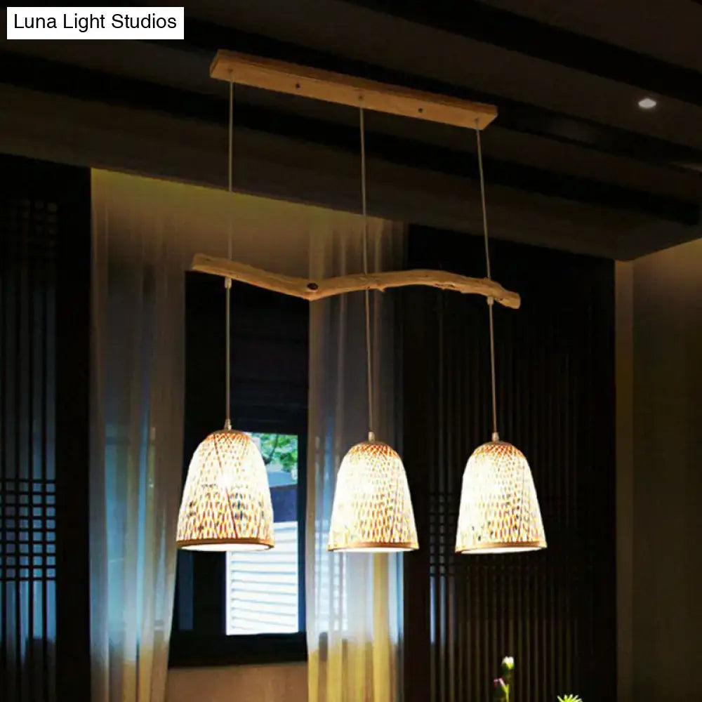 DecorBites™ Bamboo Bell Shade Pendant Light - South-east Asian Tea Room Island Lighting with 3 Heads - Wood Finish