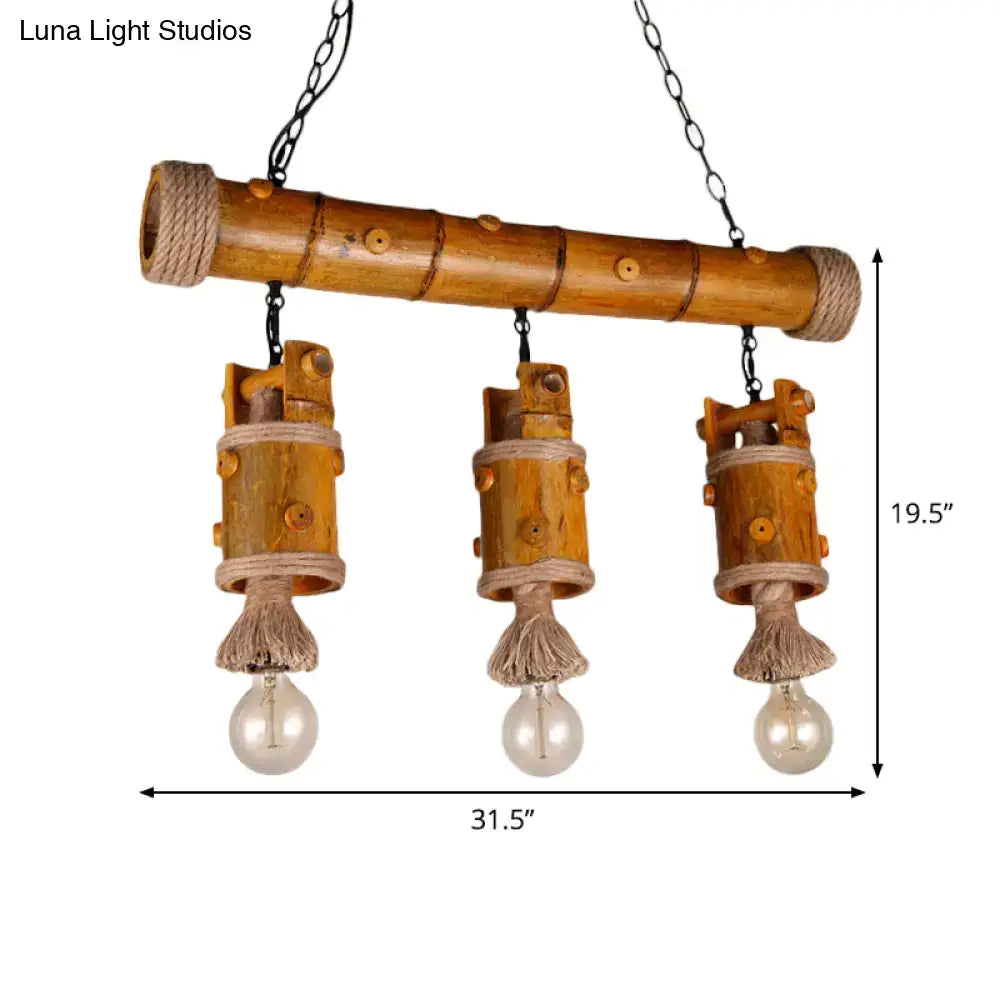 DecorBites™ Bamboo Chinese Bucket Pendant Lamp - Countryside 3-Bulb Island Light Fixture in Brown with Rope Accent