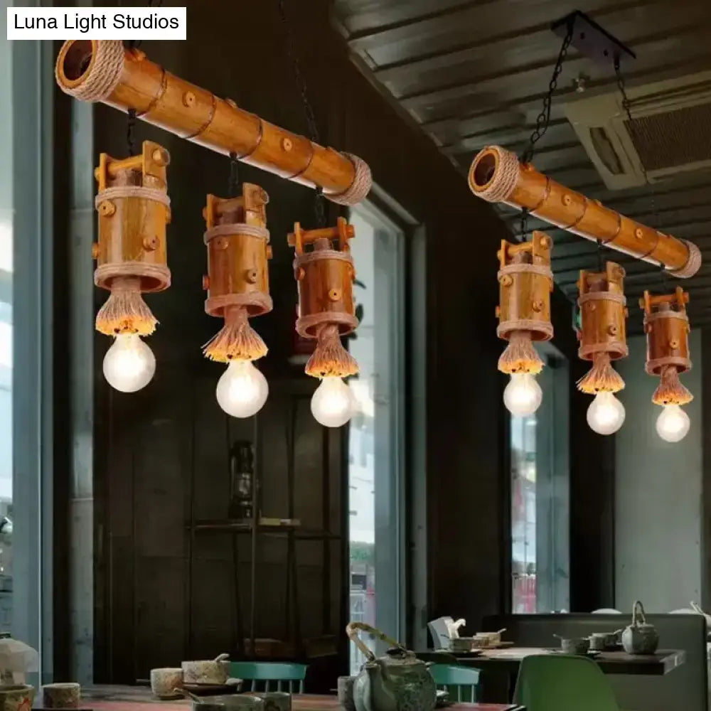 DecorBites™ Bamboo Chinese Bucket Pendant Lamp - Countryside 3-Bulb Island Light Fixture in Brown with Rope Accent