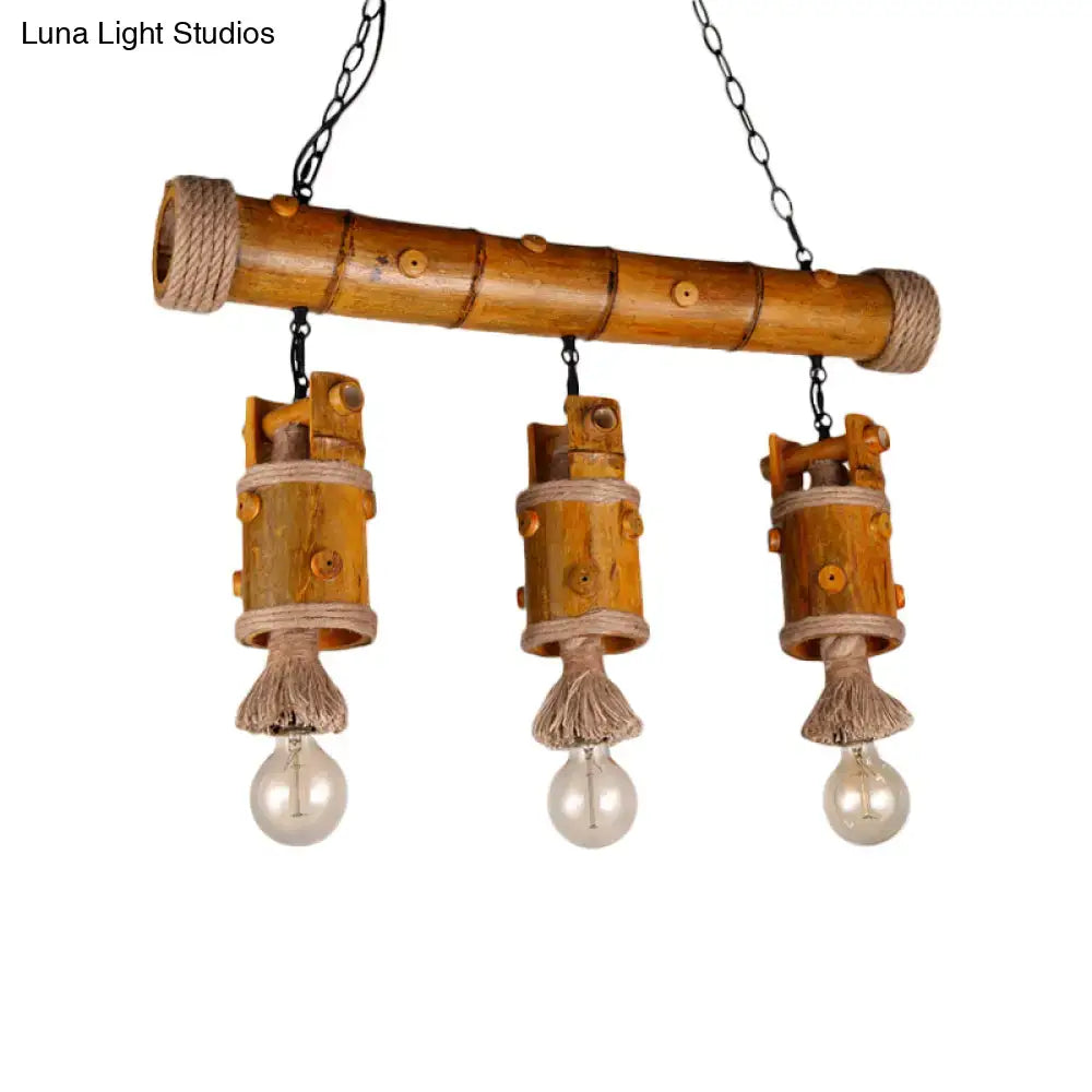 DecorBites™ Bamboo Chinese Bucket Pendant Lamp - Countryside 3-Bulb Island Light Fixture in Brown with Rope Accent