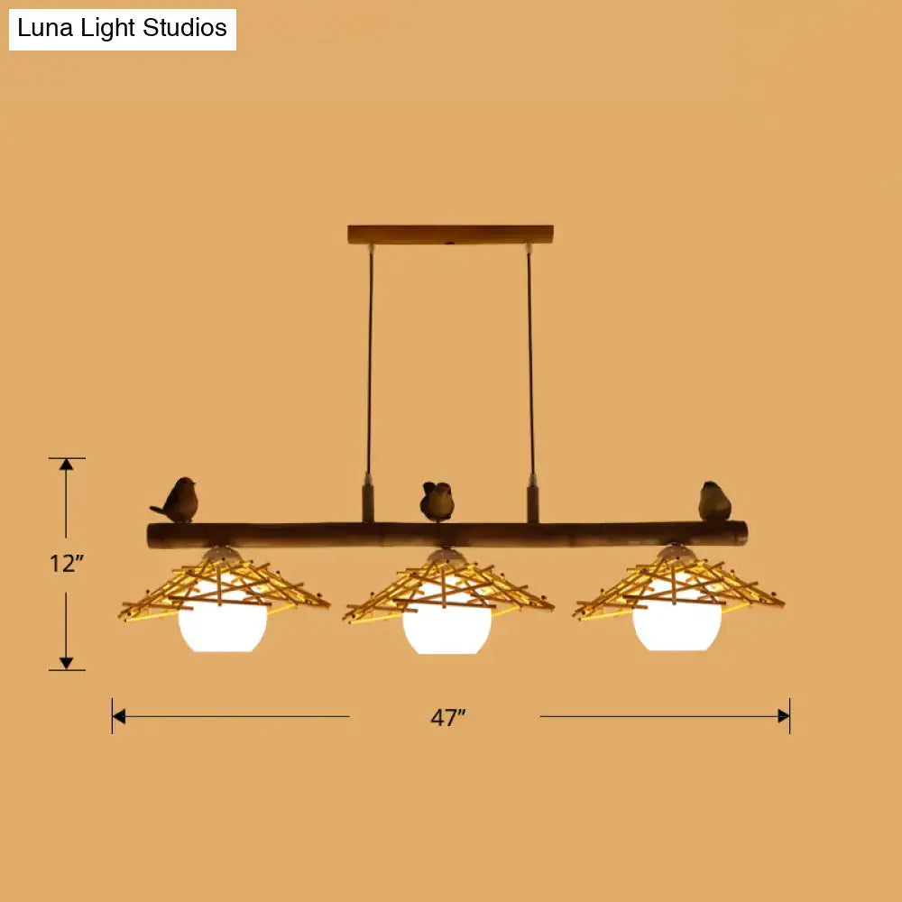 DecorBites™ Bamboo Pendant Lighting: Conical Island Light with White Glass Shade