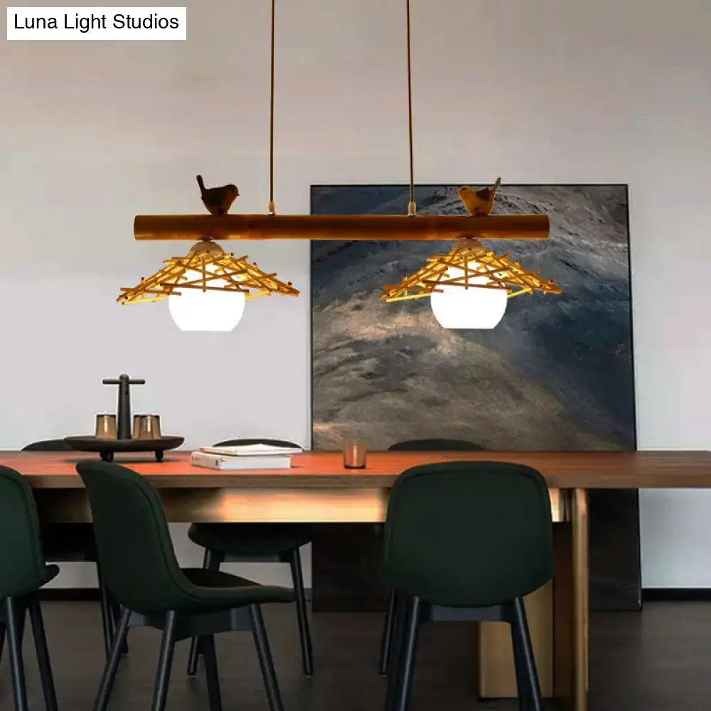 DecorBites™ Bamboo Pendant Lighting: Conical Island Light with White Glass Shade