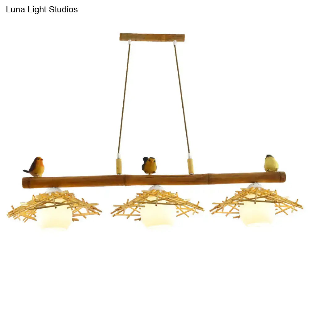 DecorBites™ Bamboo Pendant Lighting: Conical Island Light with White Glass Shade