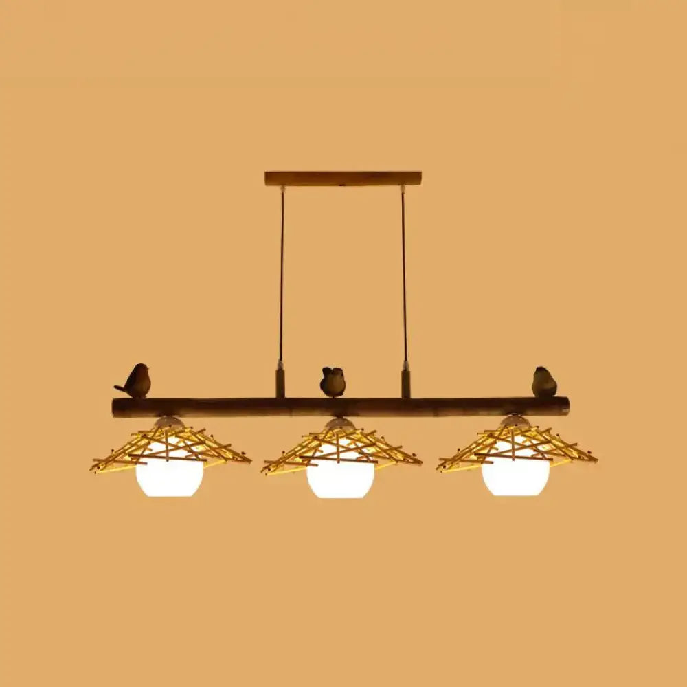 DecorBites™ Bamboo Pendant Lighting: Conical Island Light with White Glass Shade