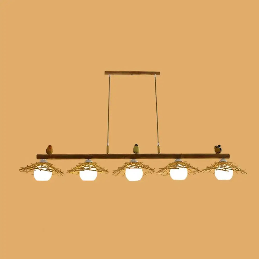 DecorBites™ Bamboo Pendant Lighting: Conical Island Light with White Glass Shade