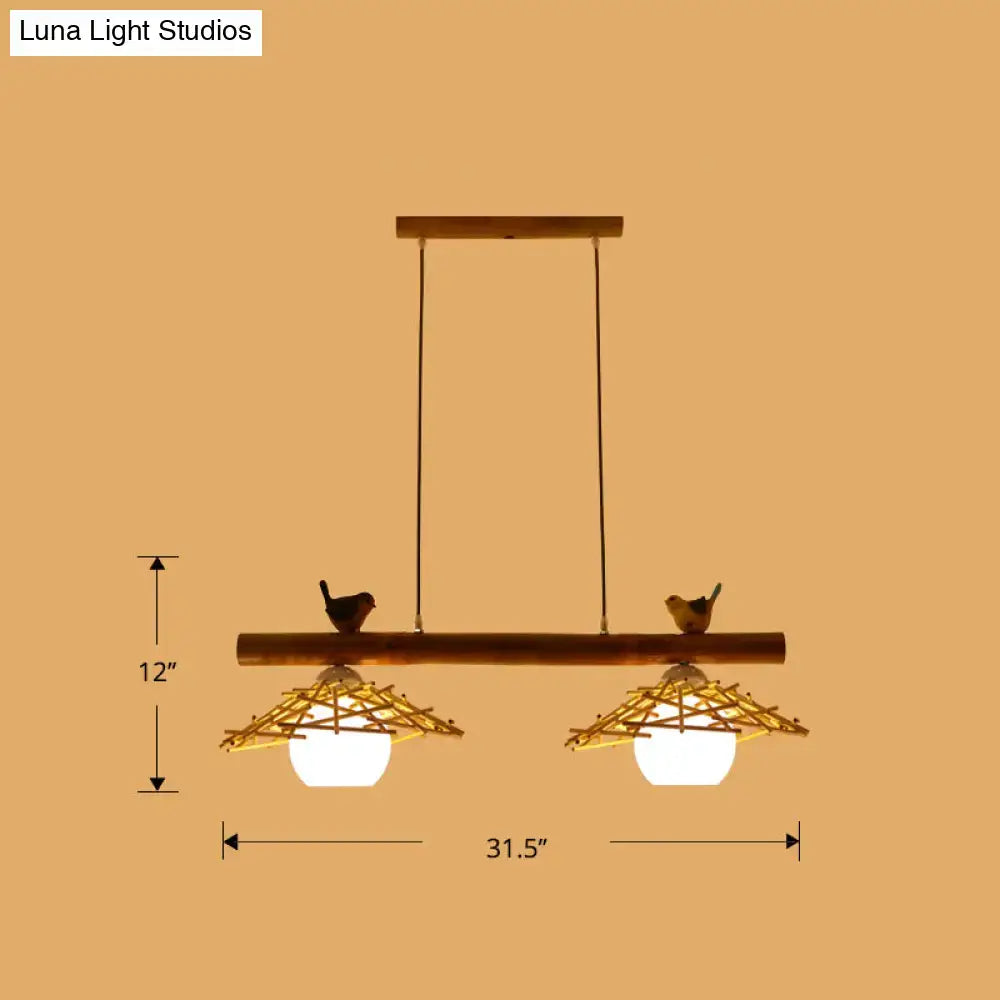 DecorBites™ Bamboo Pendant Lighting: Conical Island Light with White Glass Shade
