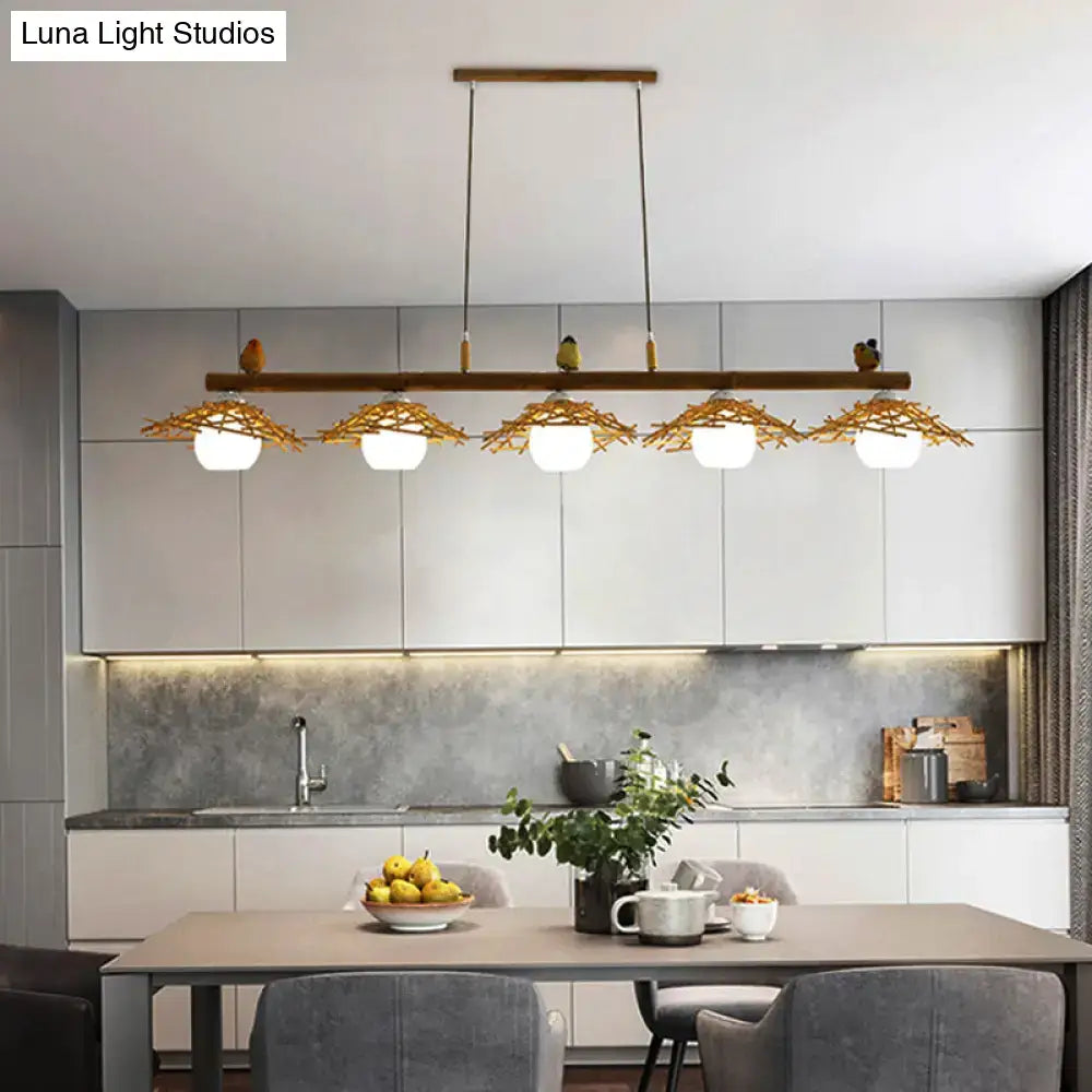 DecorBites™ Bamboo Pendant Lighting: Conical Island Light with White Glass Shade