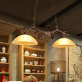 DecorBites™ Beige Glass Dark Coffee Pendant Light with Antler Decor - Restaurant Hanging Island Light (2 Heads)