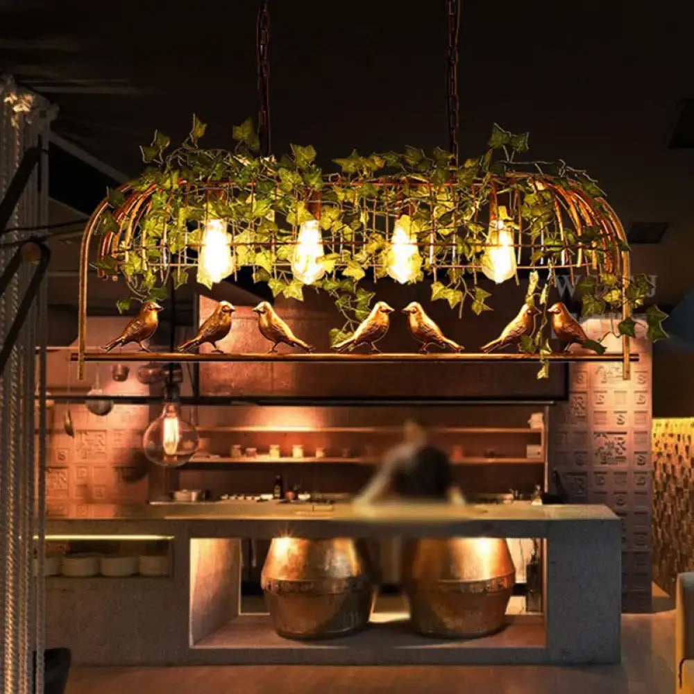 DecorBites™ Birdcage Industrial Iron Dining Room Island Light - Black/Bronze Hanging Pendant with Decorative Plant and Bird
