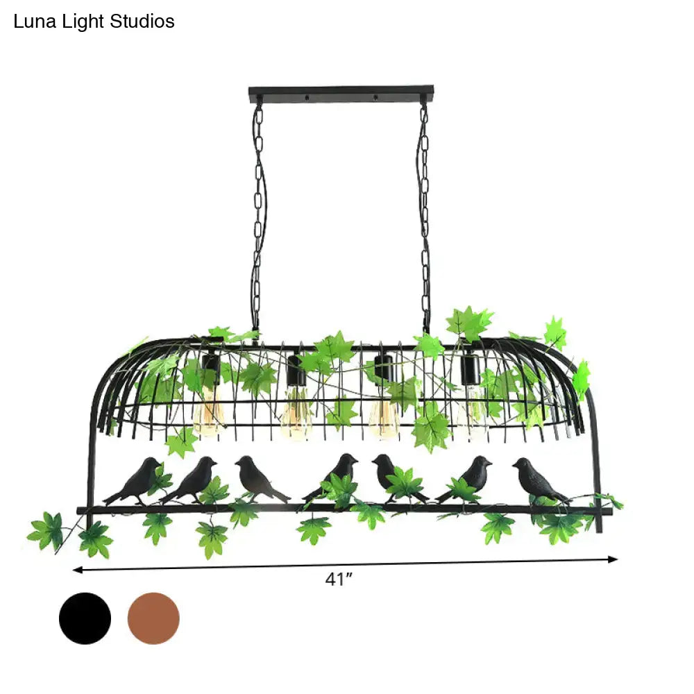 DecorBites™ Birdcage Industrial Iron Dining Room Island Light - Black/Bronze Hanging Pendant with Decorative Plant and Bird