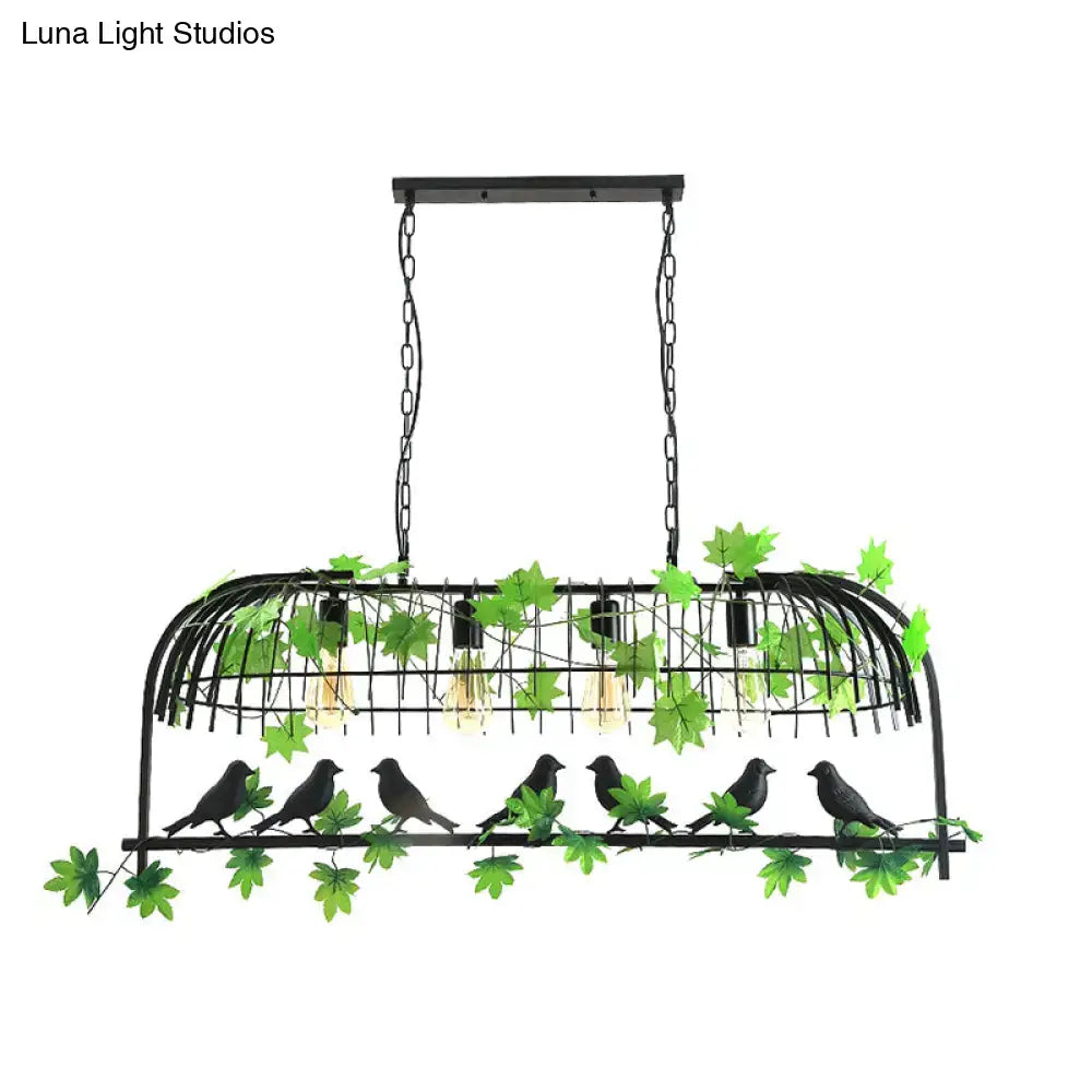 DecorBites™ Birdcage Industrial Iron Dining Room Island Light - Black/Bronze Hanging Pendant with Decorative Plant and Bird