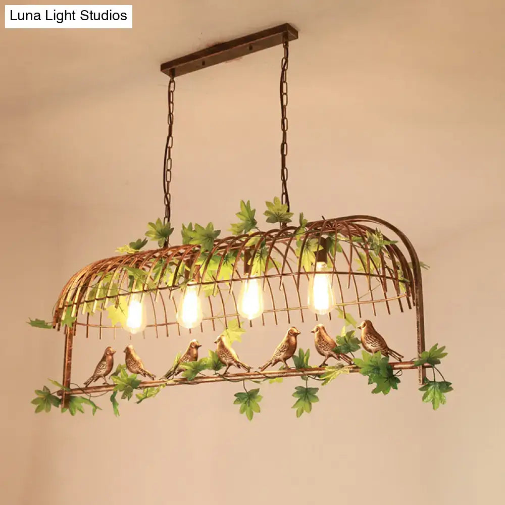 DecorBites™ Birdcage Industrial Iron Dining Room Island Light - Black/Bronze Hanging Pendant with Decorative Plant and Bird