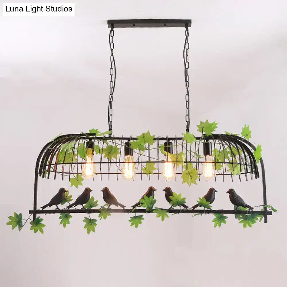 DecorBites™ Birdcage Industrial Iron Dining Room Island Light - Black/Bronze Hanging Pendant with Decorative Plant and Bird