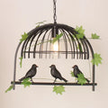 Decorbites™ black metal birdcage pendant light with three birds and green vine accents rustic wrought iron 220v-240v 110v-120v