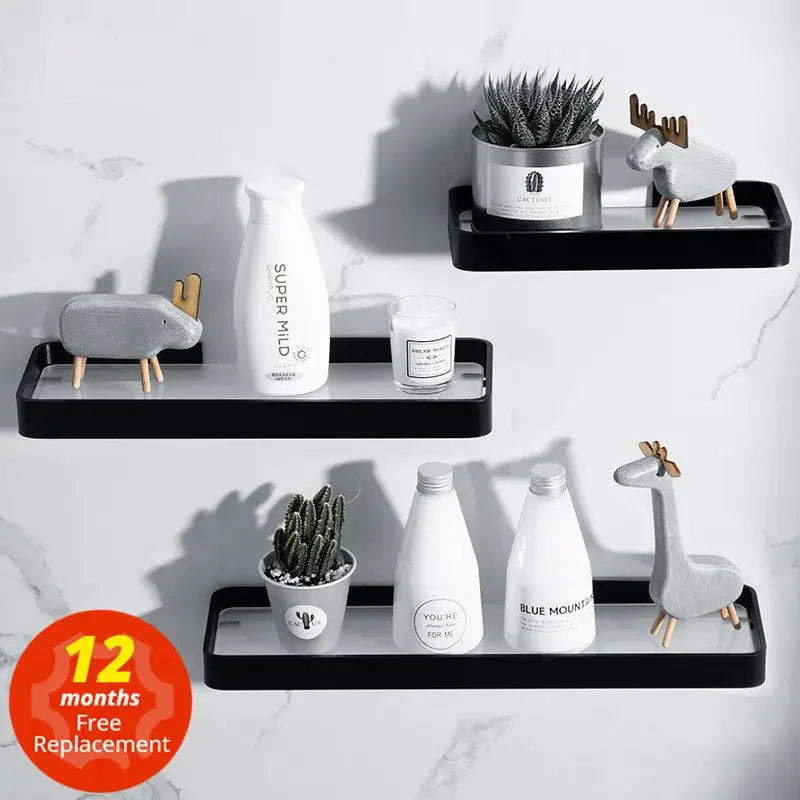 DecorBites™ Black Glass Bathroom Shelf Corner Rack, Aluminum Cosmetic Shelf for Shower Room