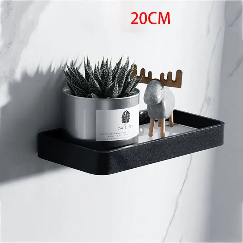 DecorBites™ Black Glass Bathroom Shelf Corner Rack, Aluminum Cosmetic Shelf for Shower Room