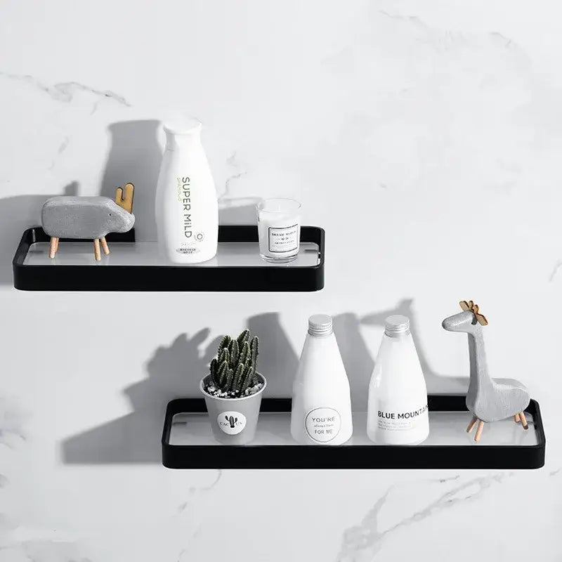 DecorBites™ Black Glass Bathroom Shelf Corner Rack, Aluminum Cosmetic Shelf for Shower Room