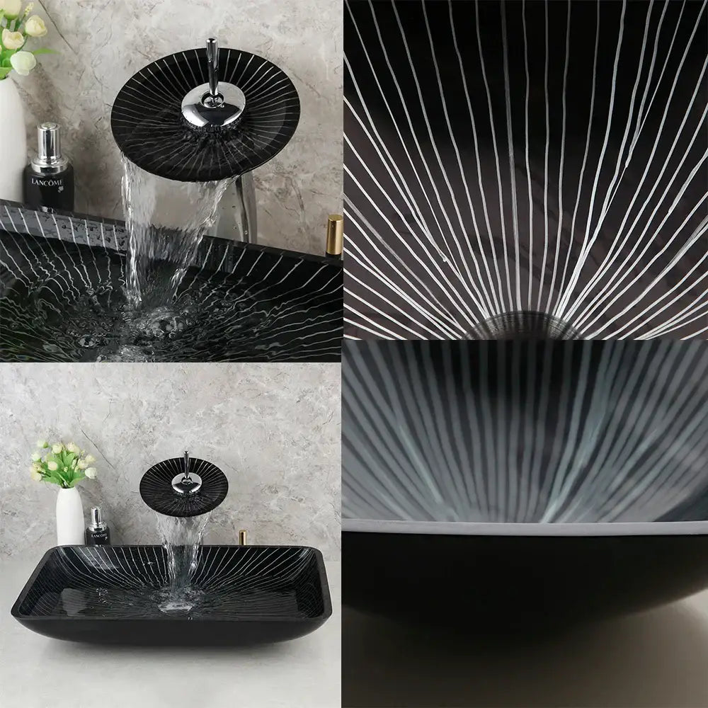 DecorBites™ Black Glass Bathroom Sink Set with Hand Painted Design & Waterfall Faucet