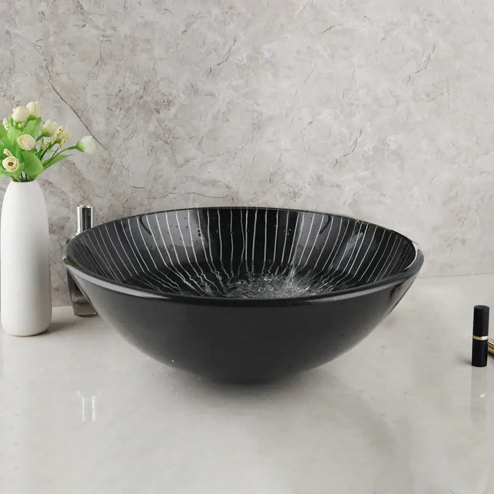 DecorBites™ Black Glass Bathroom Sink Set with Hand Painted Design & Waterfall Faucet