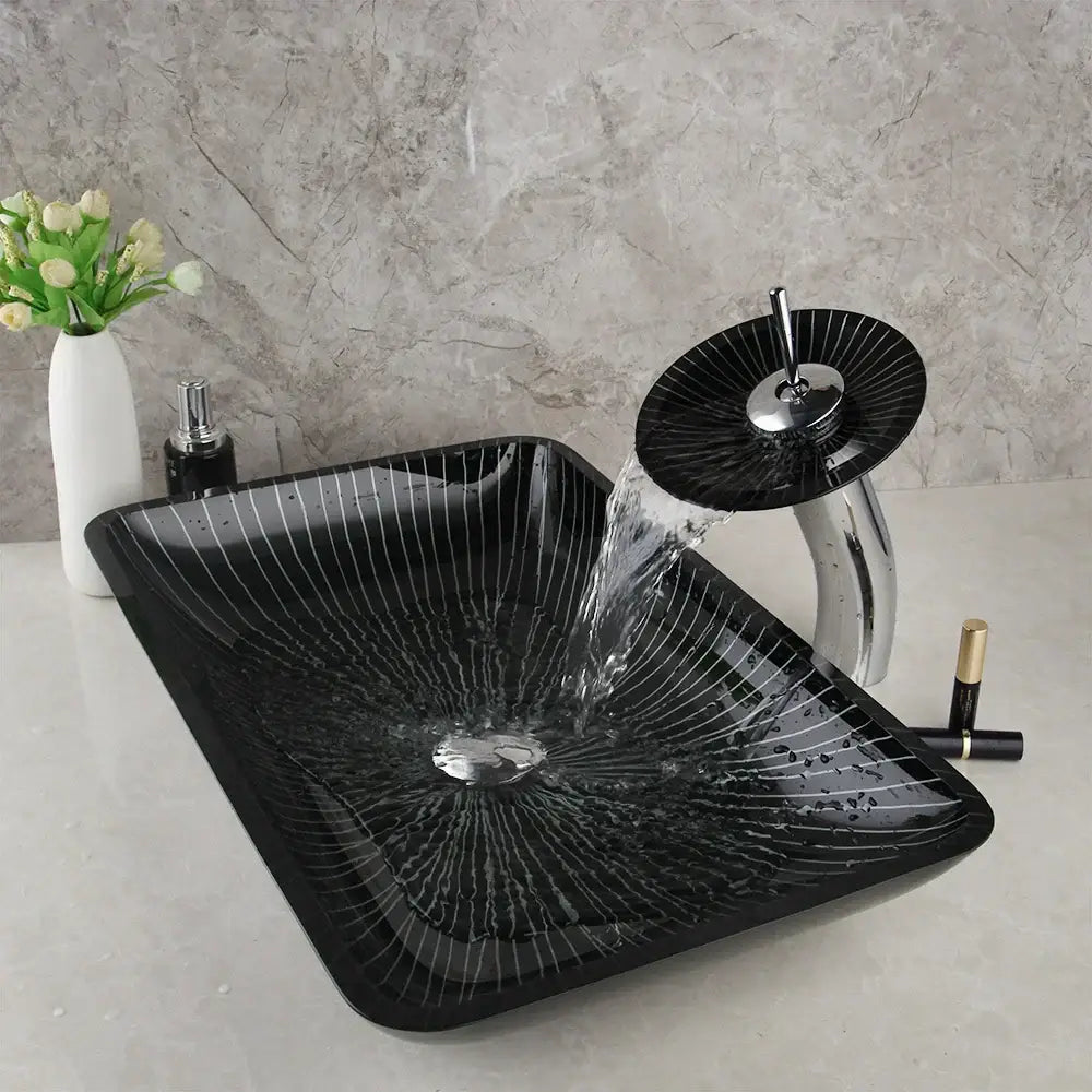 DecorBites™ Black Glass Bathroom Sink Set with Hand Painted Design & Waterfall Faucet