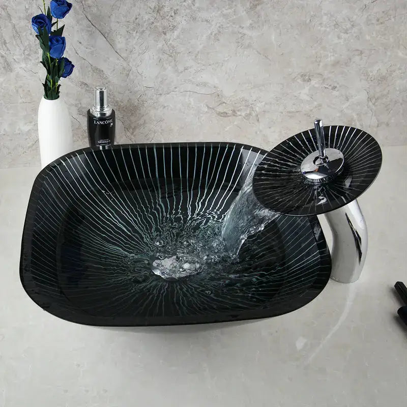 DecorBites™ Black Glass Bathroom Sink Set with Hand Painted Design & Waterfall Faucet