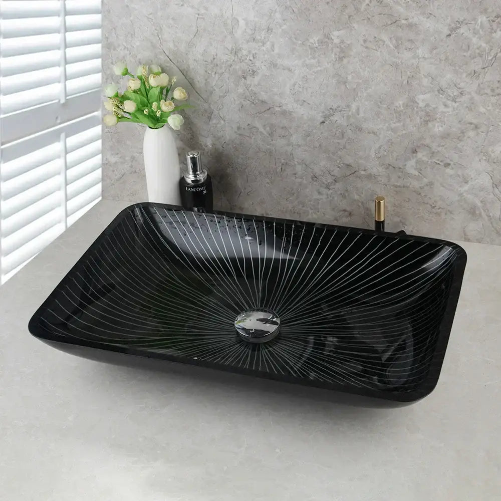 DecorBites™ Black Glass Bathroom Sink Set with Hand Painted Design & Waterfall Faucet