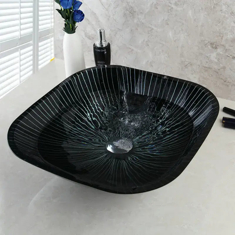 DecorBites™ Black Glass Bathroom Sink Set with Hand Painted Design & Waterfall Faucet