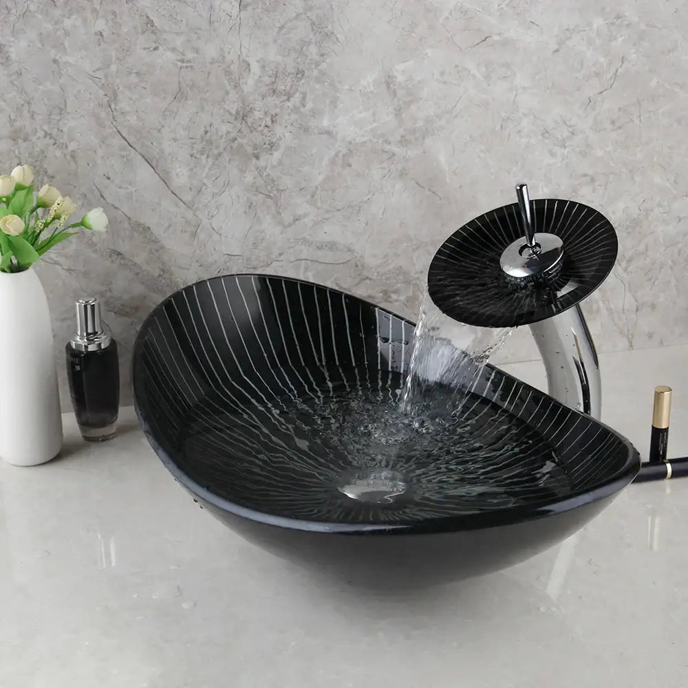 DecorBites™ Black Glass Bathroom Sink Set with Hand Painted Design & Waterfall Faucet